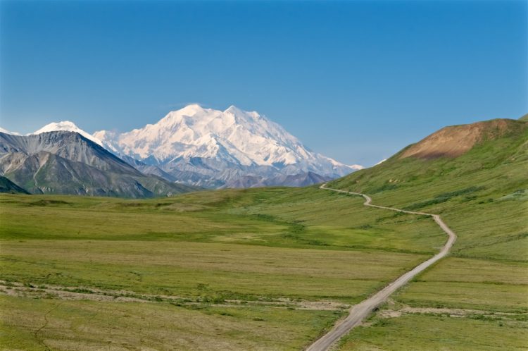 View of Mount McKinley (20,320 ft) on a clear day from Stony Dome at mile 62 of the Park Road, Denali National Park and Preserve, Alaska, United States.