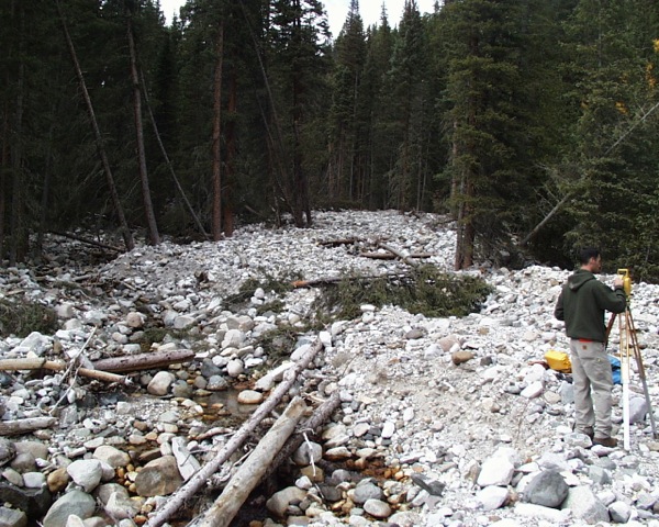 Photo of student doing measurements near a stream.