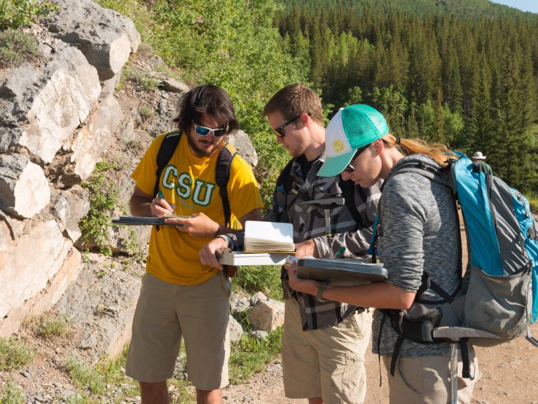 Photo of three students int he field making maps.