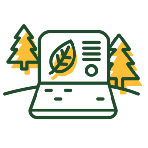 Icon of a laptop with pine trees in the background.